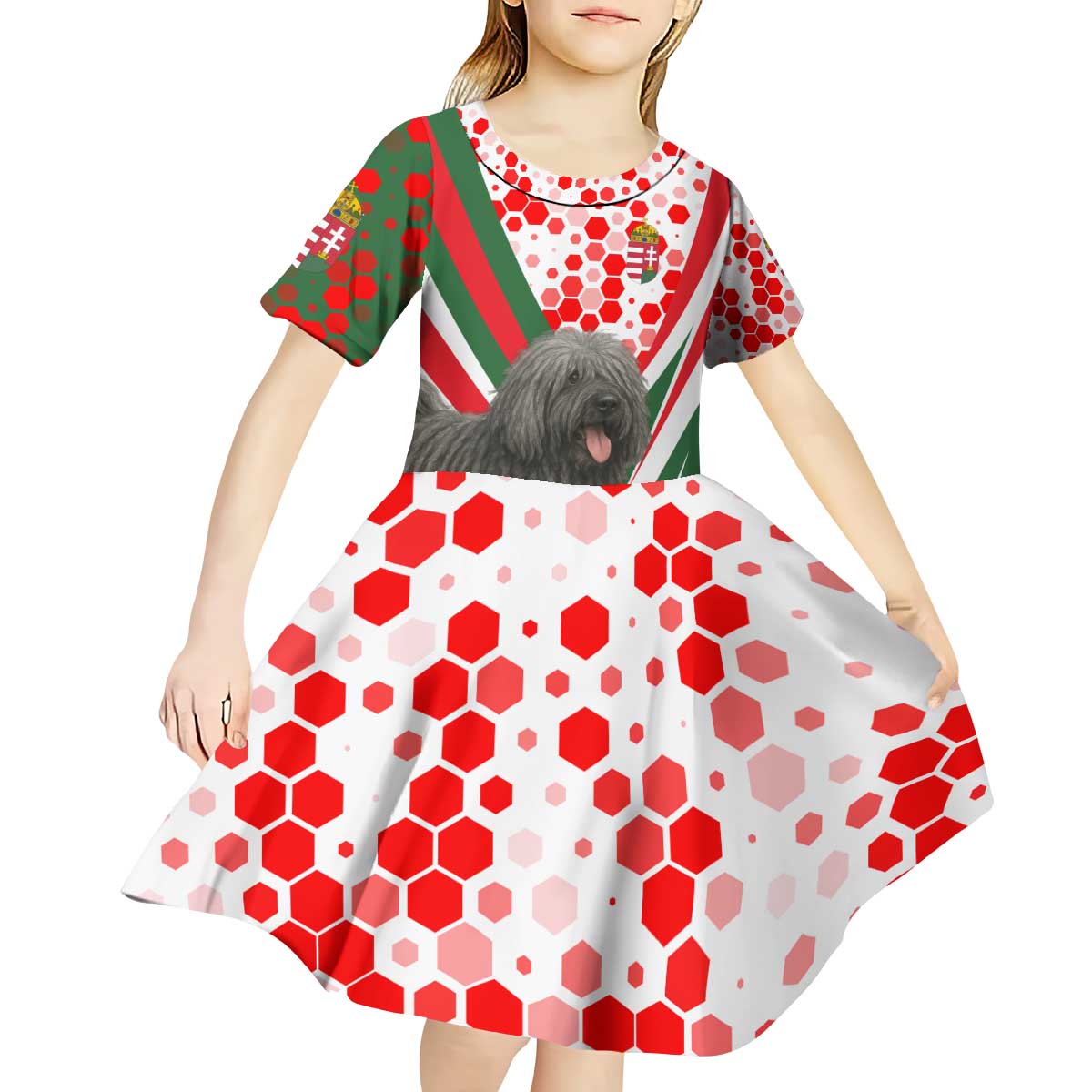 Hungary Kid Short Sleeve Dress with Puli Dog Illustration Design and Red Green Hexagon - Wonder Print Shop