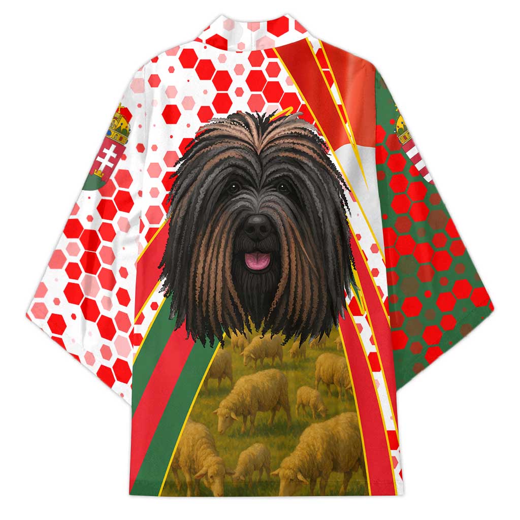 Hungary Kimono with Puli Dog Illustration Design and Red Green Hexagon - Wonder Print Shop