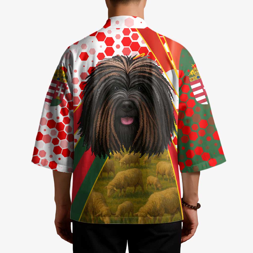 Hungary Kimono with Puli Dog Illustration Design and Red Green Hexagon - Wonder Print Shop