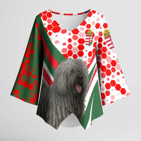 Hungary Kimono Sleeve Blouse with Puli Dog Illustration Design and Red Green Hexagon - Wonder Print Shop
