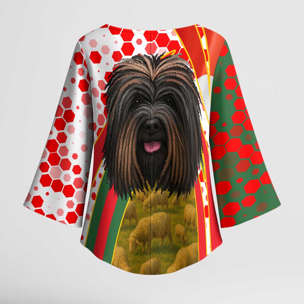 Hungary Kimono Sleeve Blouse with Puli Dog Illustration Design and Red Green Hexagon - Wonder Print Shop