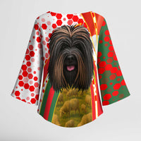 Hungary Kimono Sleeve Blouse with Puli Dog Illustration Design and Red Green Hexagon - Wonder Print Shop