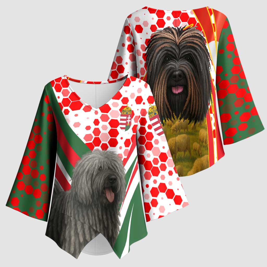 Hungary Kimono Sleeve Blouse with Puli Dog Illustration Design and Red Green Hexagon - Wonder Print Shop