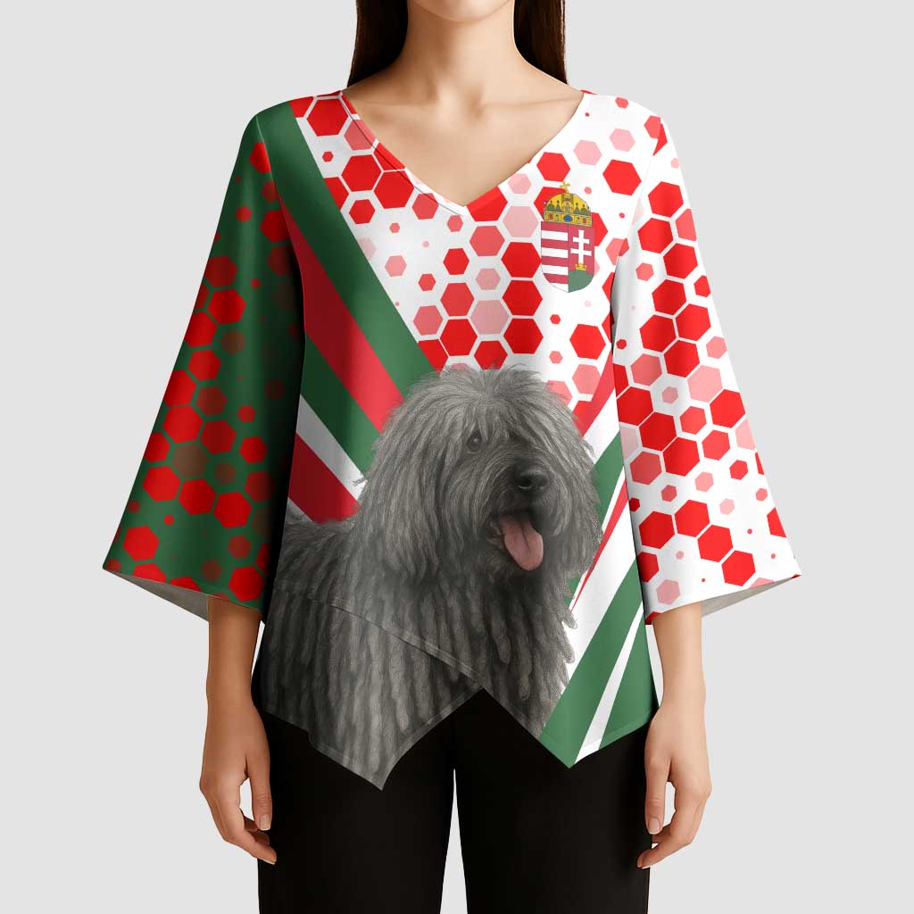 Hungary Kimono Sleeve Blouse with Puli Dog Illustration Design and Red Green Hexagon - Wonder Print Shop