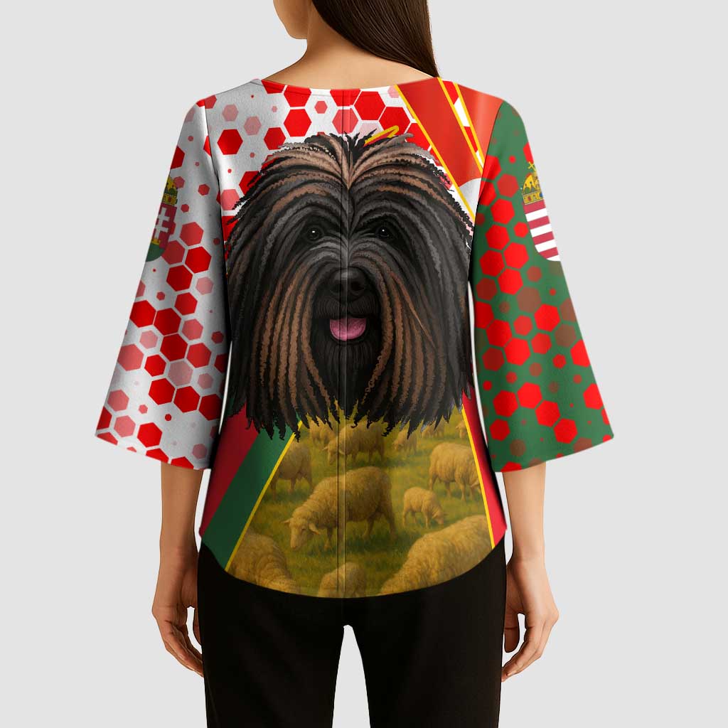 Hungary Kimono Sleeve Blouse with Puli Dog Illustration Design and Red Green Hexagon - Wonder Print Shop