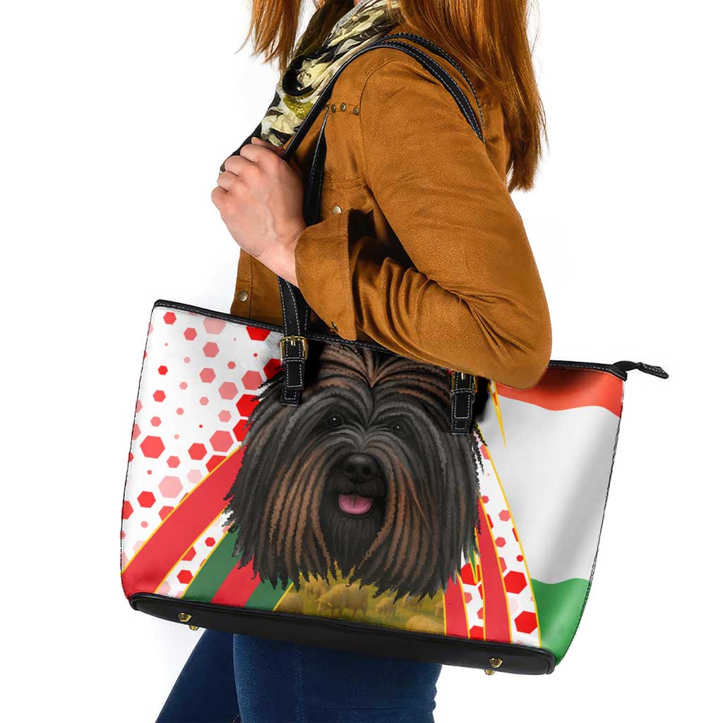Hungary Leather Tote Bag with Puli Dog Illustration Design and Red Green Hexagon - Wonder Print Shop
