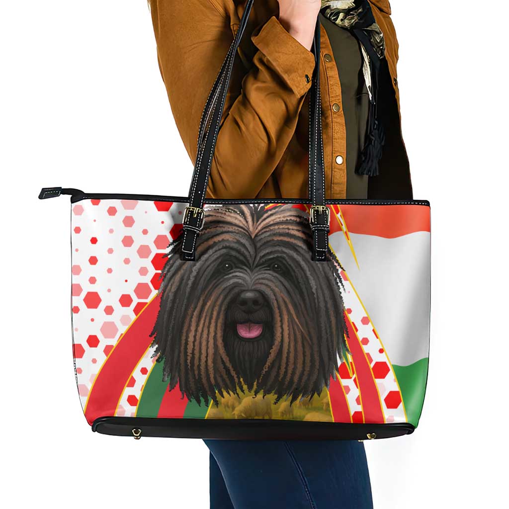Hungary Leather Tote Bag with Puli Dog Illustration Design and Red Green Hexagon - Wonder Print Shop