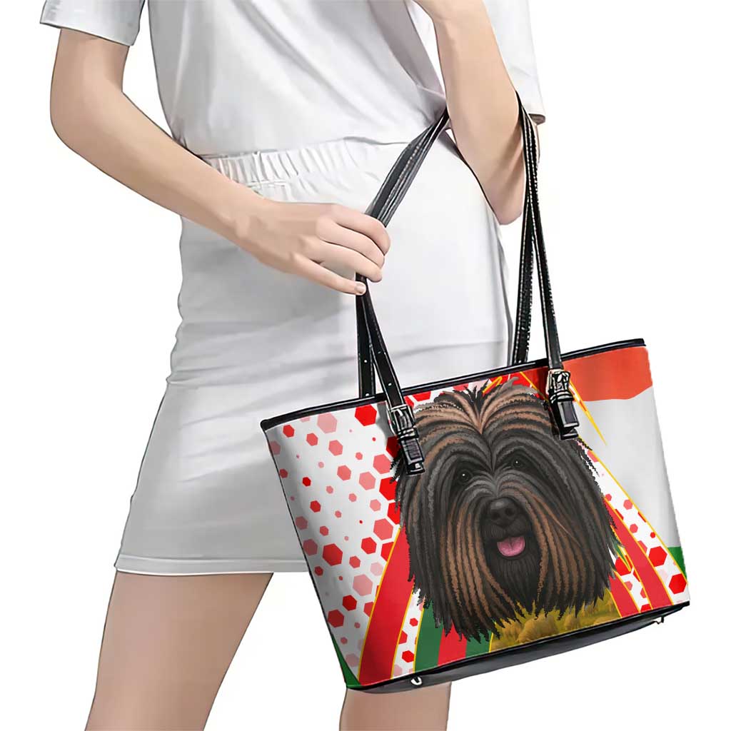 Hungary Leather Tote Bag with Puli Dog Illustration Design and Red Green Hexagon - Wonder Print Shop