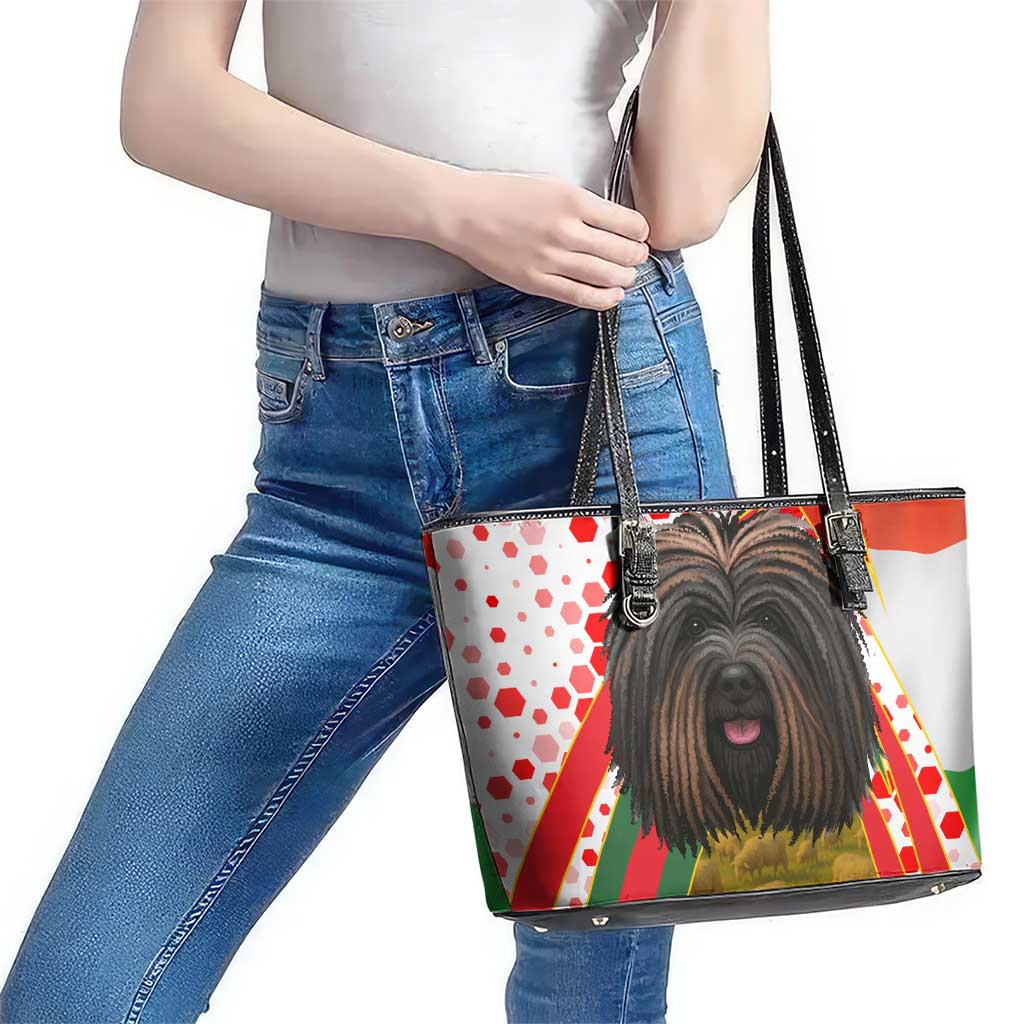 Hungary Leather Tote Bag with Puli Dog Illustration Design and Red Green Hexagon - Wonder Print Shop