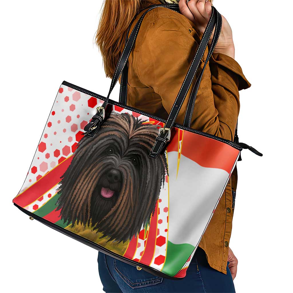 Hungary Leather Tote Bag with Puli Dog Illustration Design and Red Green Hexagon - Wonder Print Shop
