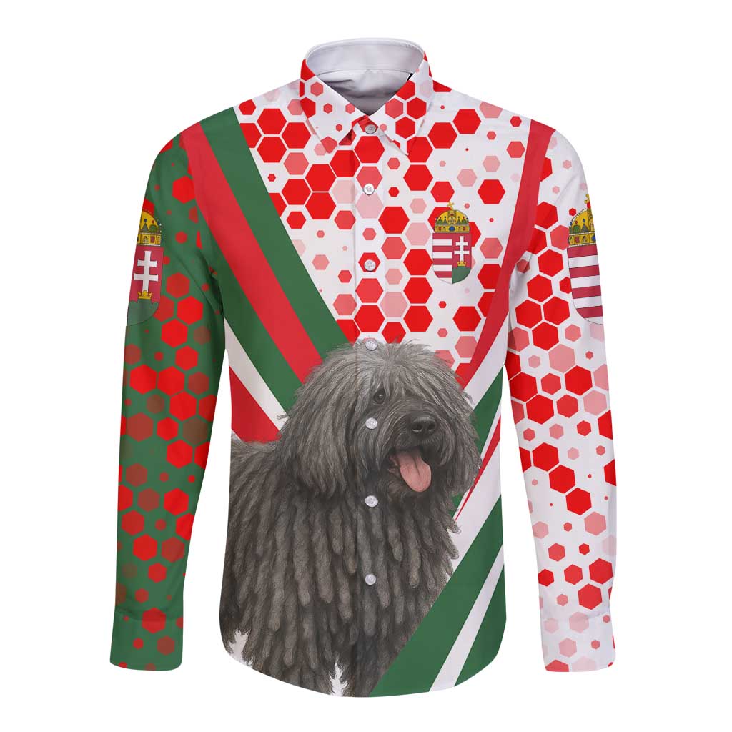 Hungary Long Sleeve Button Shirt with Puli Dog Illustration Design and Red Green Hexagon - Wonder Print Shop