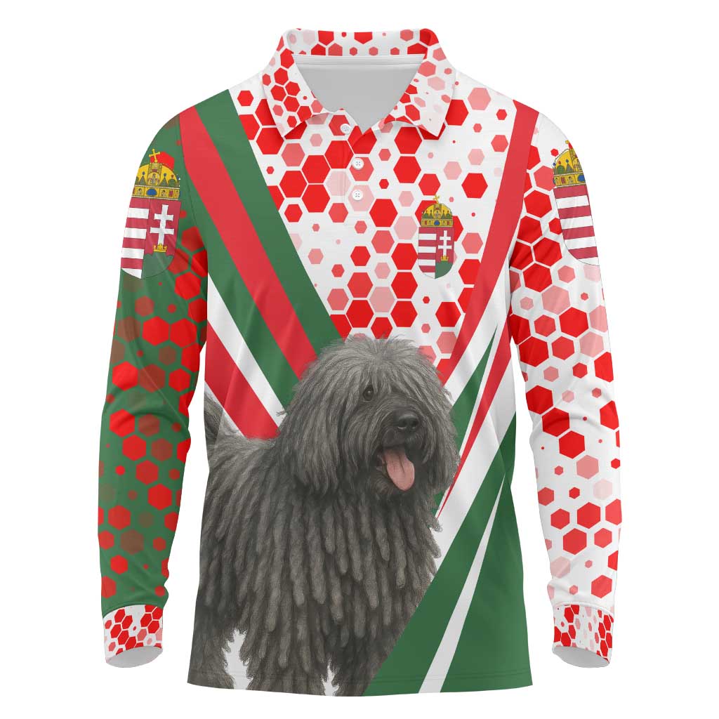 Hungary Long Sleeve Polo Shirt with Puli Dog Illustration Design and Red Green Hexagon - Wonder Print Shop