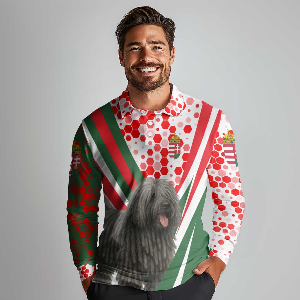 Hungary Long Sleeve Polo Shirt with Puli Dog Illustration Design and Red Green Hexagon - Wonder Print Shop