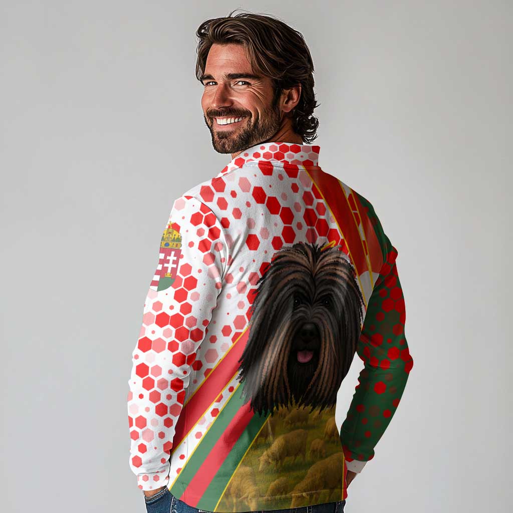 Hungary Long Sleeve Polo Shirt with Puli Dog Illustration Design and Red Green Hexagon - Wonder Print Shop