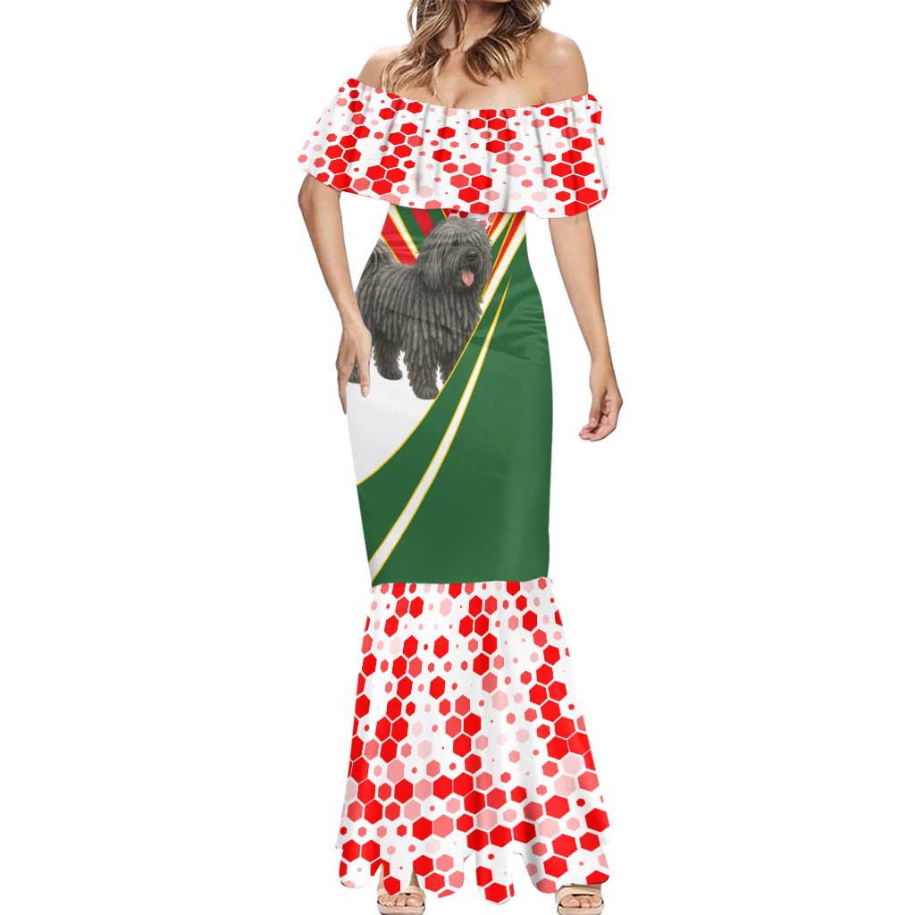 Hungary Mermaid Dress with Puli Dog Illustration Design and Red Green Hexagon - Wonder Print Shop