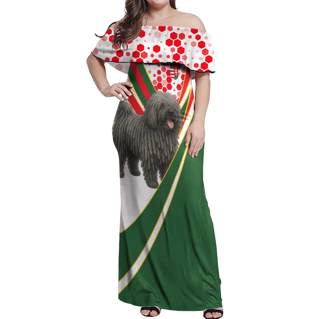 Hungary Off Shoulder Maxi Dress with Puli Dog Illustration Design and Red Green Hexagon - Wonder Print Shop