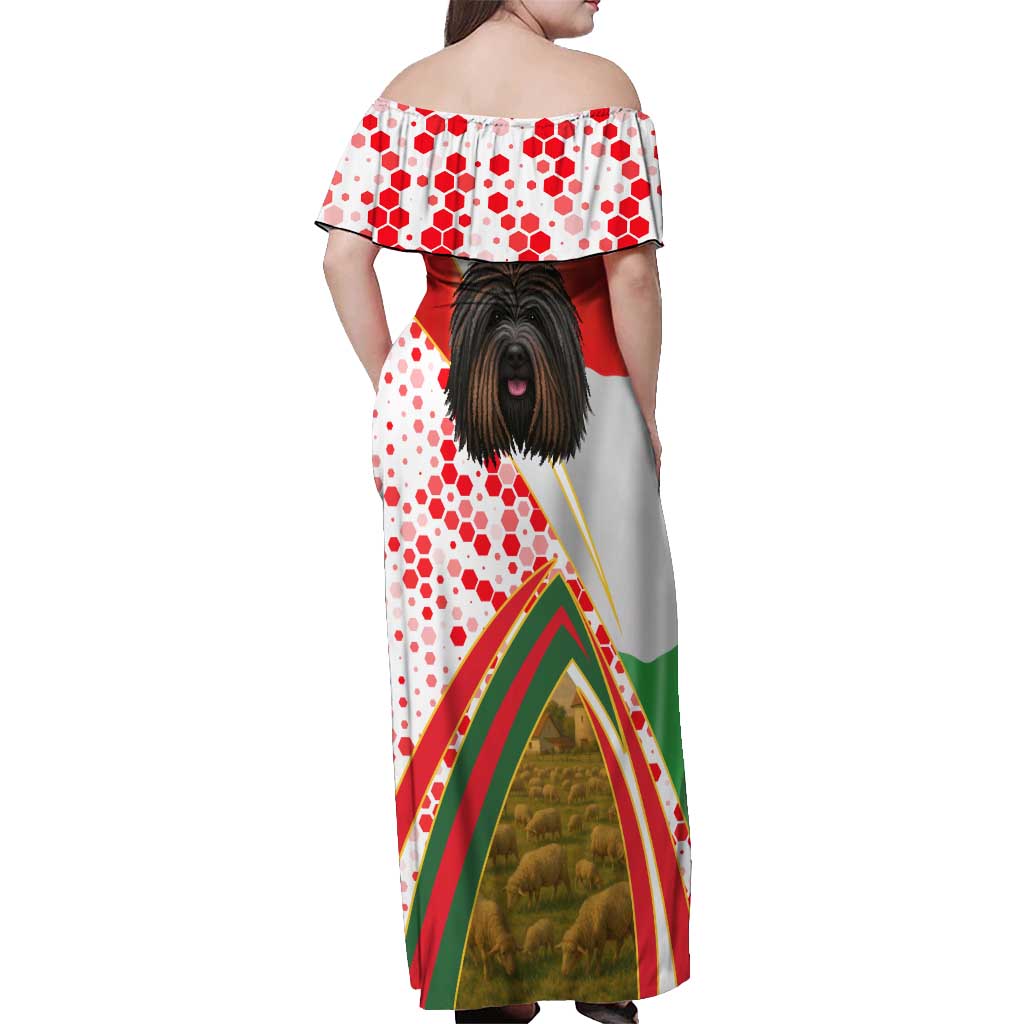 Hungary Off Shoulder Maxi Dress with Puli Dog Illustration Design and Red Green Hexagon - Wonder Print Shop