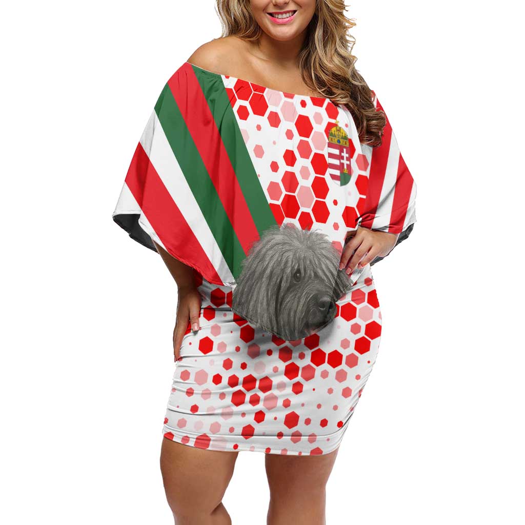 Hungary Off Shoulder Short Dress with Puli Dog Illustration Design and Red Green Hexagon - Wonder Print Shop
