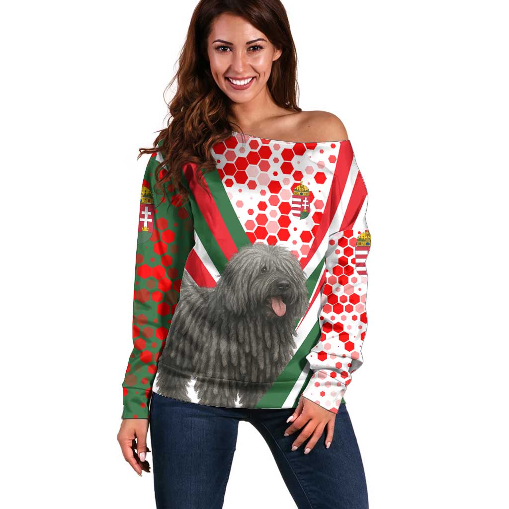Hungary Off Shoulder Sweater with Puli Dog Illustration Design and Red Green Hexagon - Wonder Print Shop