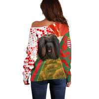 Hungary Off Shoulder Sweater with Puli Dog Illustration Design and Red Green Hexagon - Wonder Print Shop