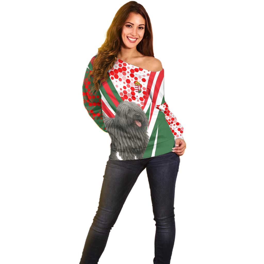 Hungary Off Shoulder Sweater with Puli Dog Illustration Design and Red Green Hexagon - Wonder Print Shop