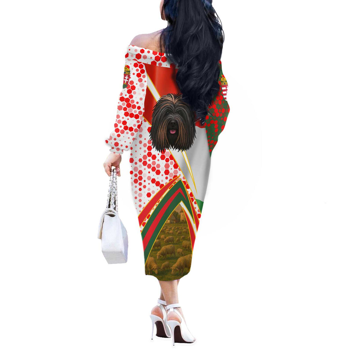 Hungary Off The Shoulder Long Sleeve Dress with Puli Dog Illustration Design and Red Green Hexagon - Wonder Print Shop
