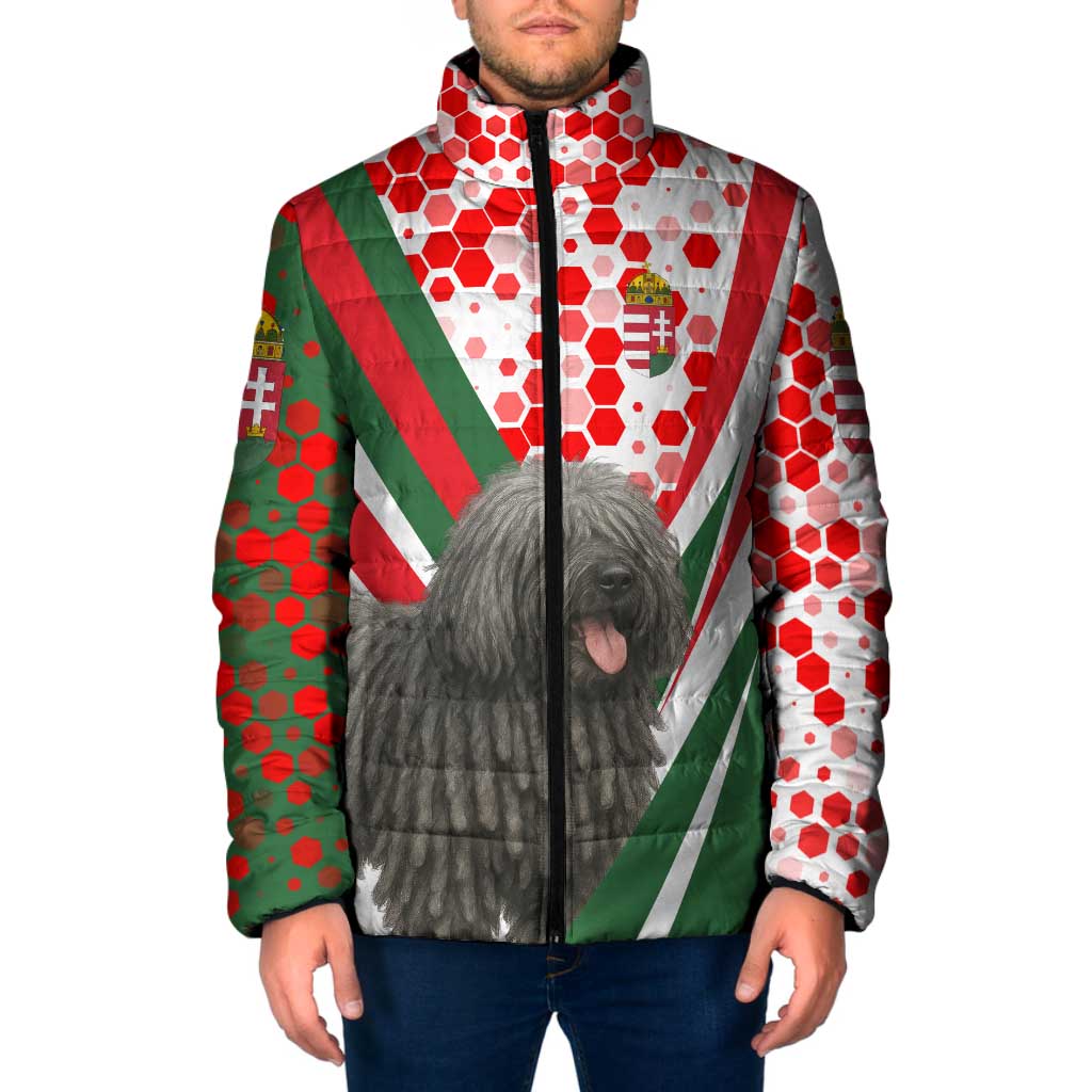 Hungary Padded Jacket with Puli Dog Illustration Design and Red Green Hexagon - Wonder Print Shop