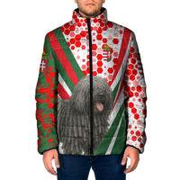 Hungary Padded Jacket with Puli Dog Illustration Design and Red Green Hexagon - Wonder Print Shop
