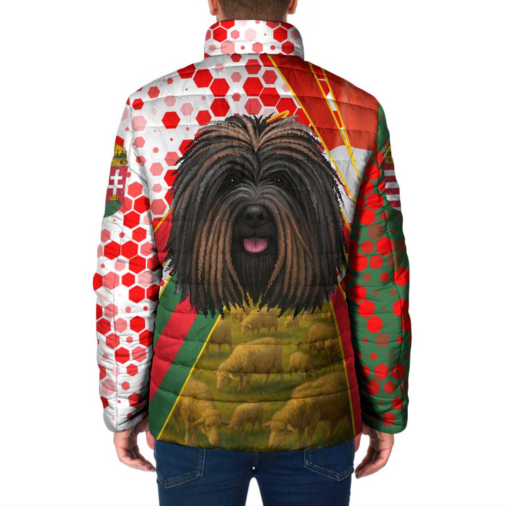 Hungary Padded Jacket with Puli Dog Illustration Design and Red Green Hexagon - Wonder Print Shop