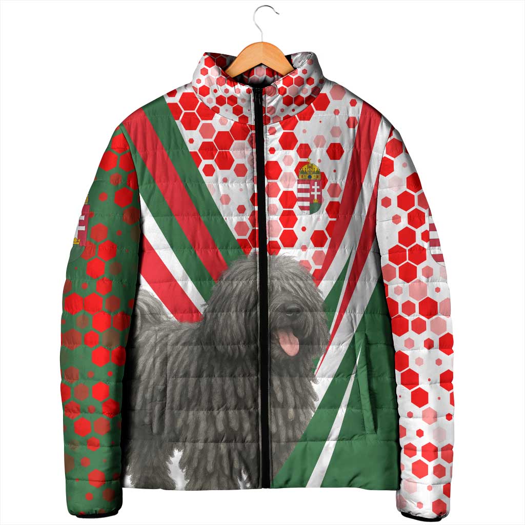 Hungary Padded Jacket with Puli Dog Illustration Design and Red Green Hexagon - Wonder Print Shop