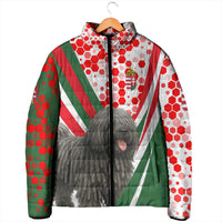 Hungary Padded Jacket with Puli Dog Illustration Design and Red Green Hexagon - Wonder Print Shop