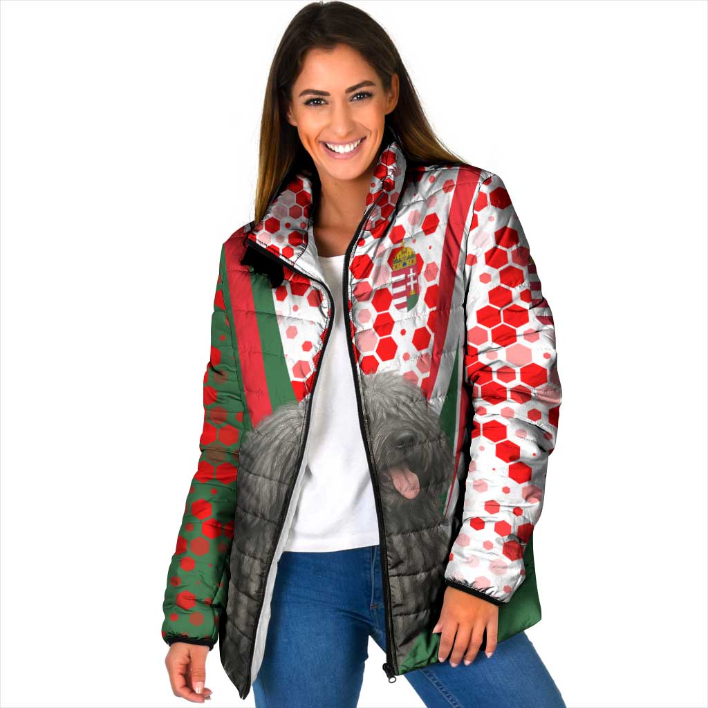 Hungary Padded Jacket with Puli Dog Illustration Design and Red Green Hexagon - Wonder Print Shop