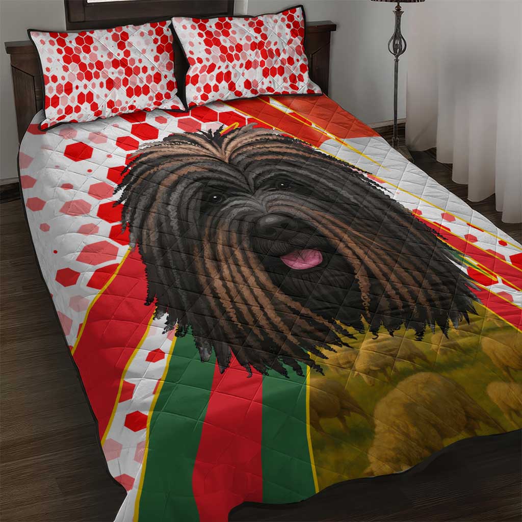 Hungary Quilt Bed Set with Puli Dog Illustration Design and Red Green Hexagon - Wonder Print Shop