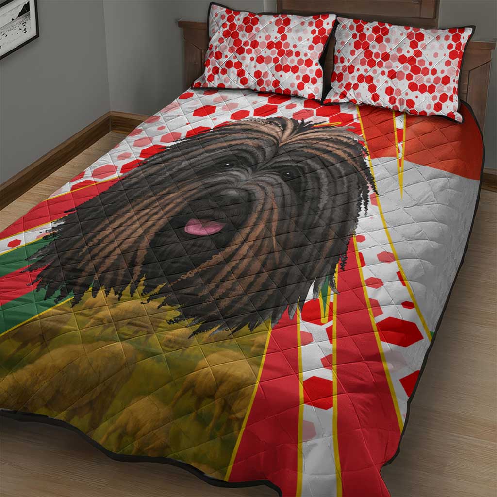 Hungary Quilt Bed Set with Puli Dog Illustration Design and Red Green Hexagon - Wonder Print Shop