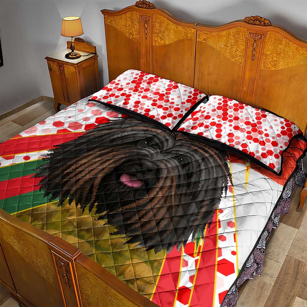 Hungary Quilt Bed Set with Puli Dog Illustration Design and Red Green Hexagon - Wonder Print Shop