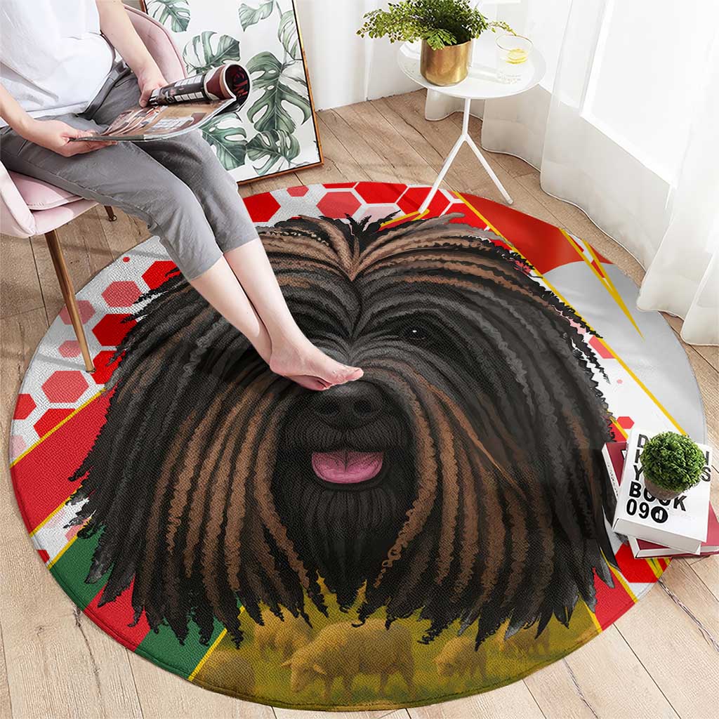 Hungary Round Carpet with Puli Dog Illustration Design and Red Green Hexagon - Wonder Print Shop