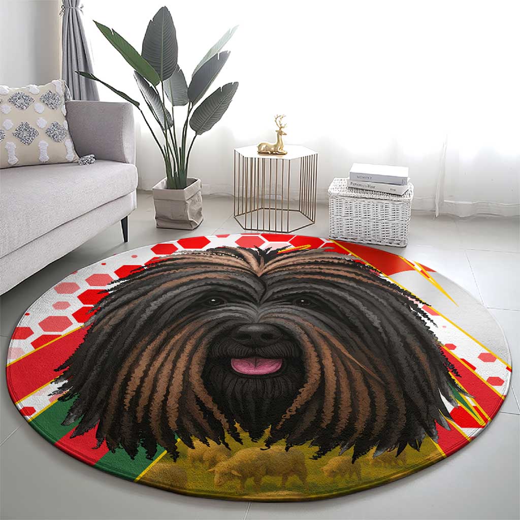 Hungary Round Carpet with Puli Dog Illustration Design and Red Green Hexagon - Wonder Print Shop