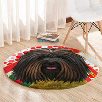 Hungary Round Carpet with Puli Dog Illustration Design and Red Green Hexagon - Wonder Print Shop