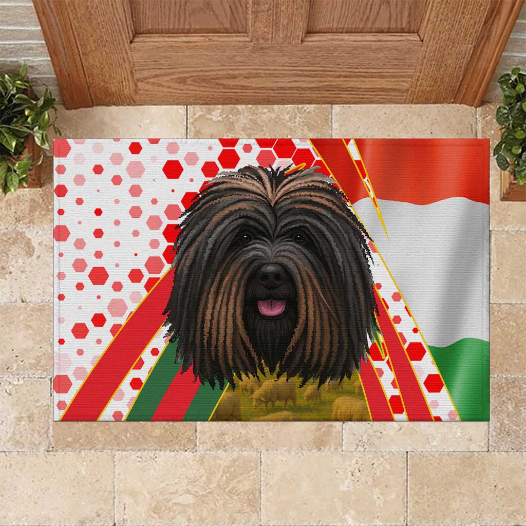 Hungary Rubber Doormat with Puli Dog Illustration Design and Red Green Hexagon - Wonder Print Shop