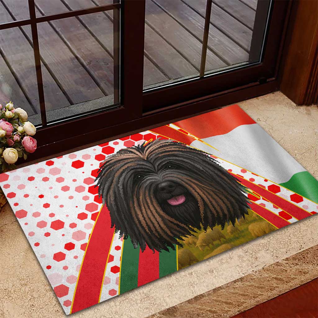 Hungary Rubber Doormat with Puli Dog Illustration Design and Red Green Hexagon - Wonder Print Shop
