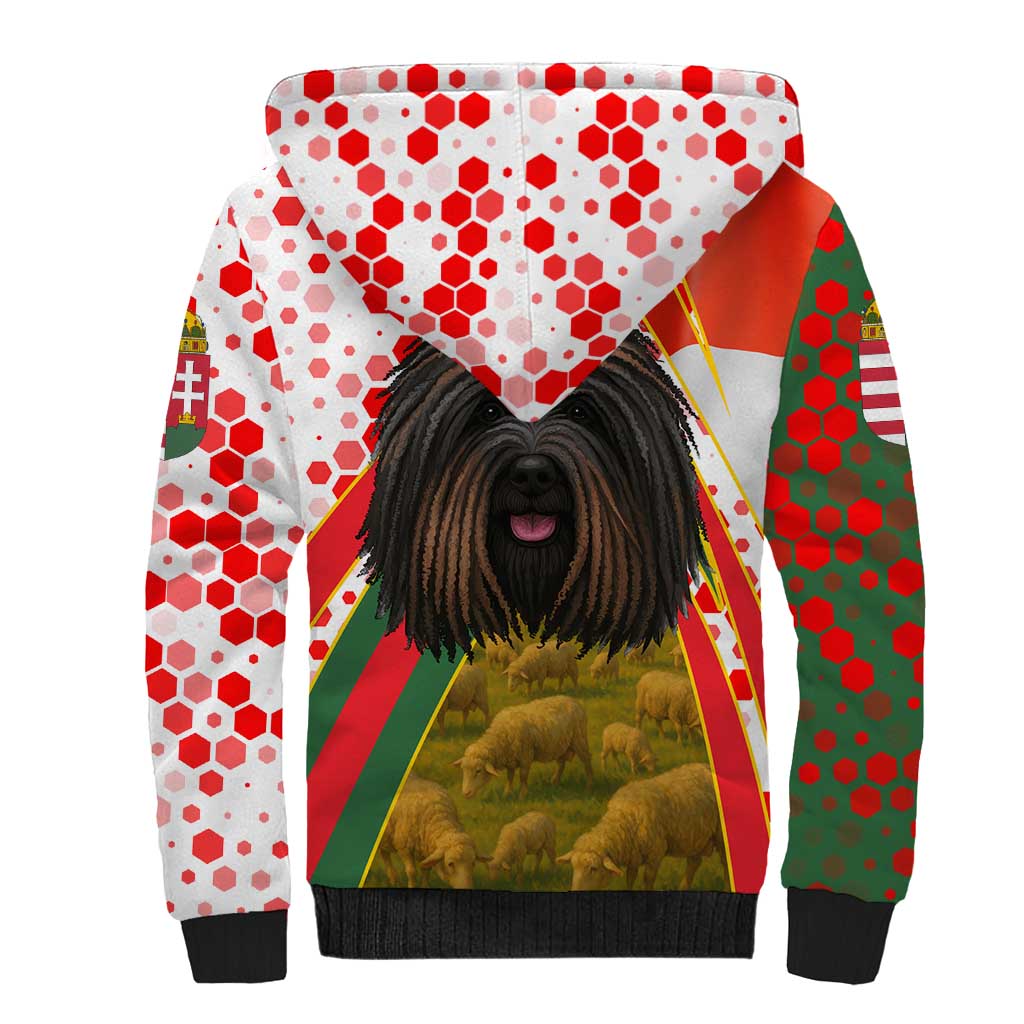 Hungary Sherpa Hoodie with Puli Dog Illustration Design and Red Green Hexagon - Wonder Print Shop