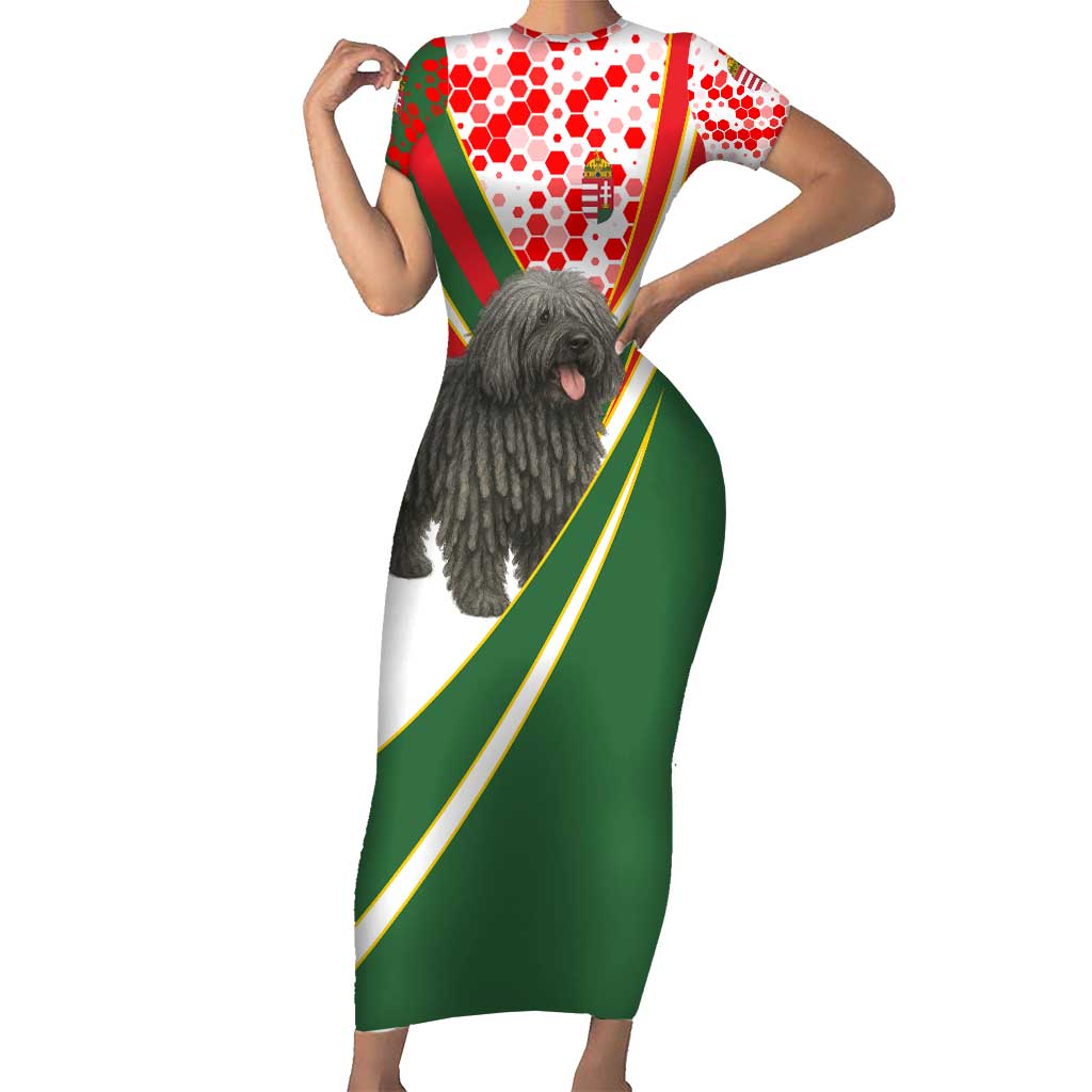 Hungary Short Sleeve Bodycon Dress with Puli Dog Illustration Design and Red Green Hexagon - Wonder Print Shop