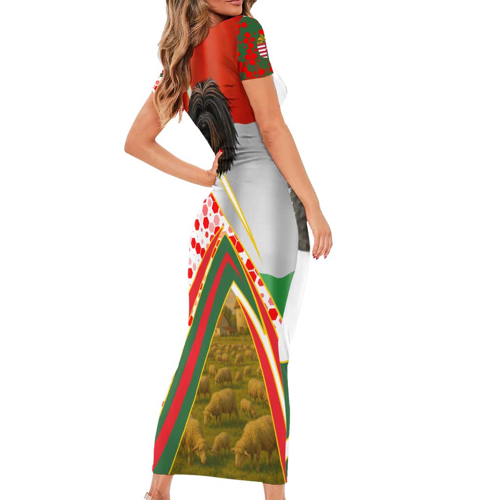 Hungary Short Sleeve Bodycon Dress with Puli Dog Illustration Design and Red Green Hexagon - Wonder Print Shop