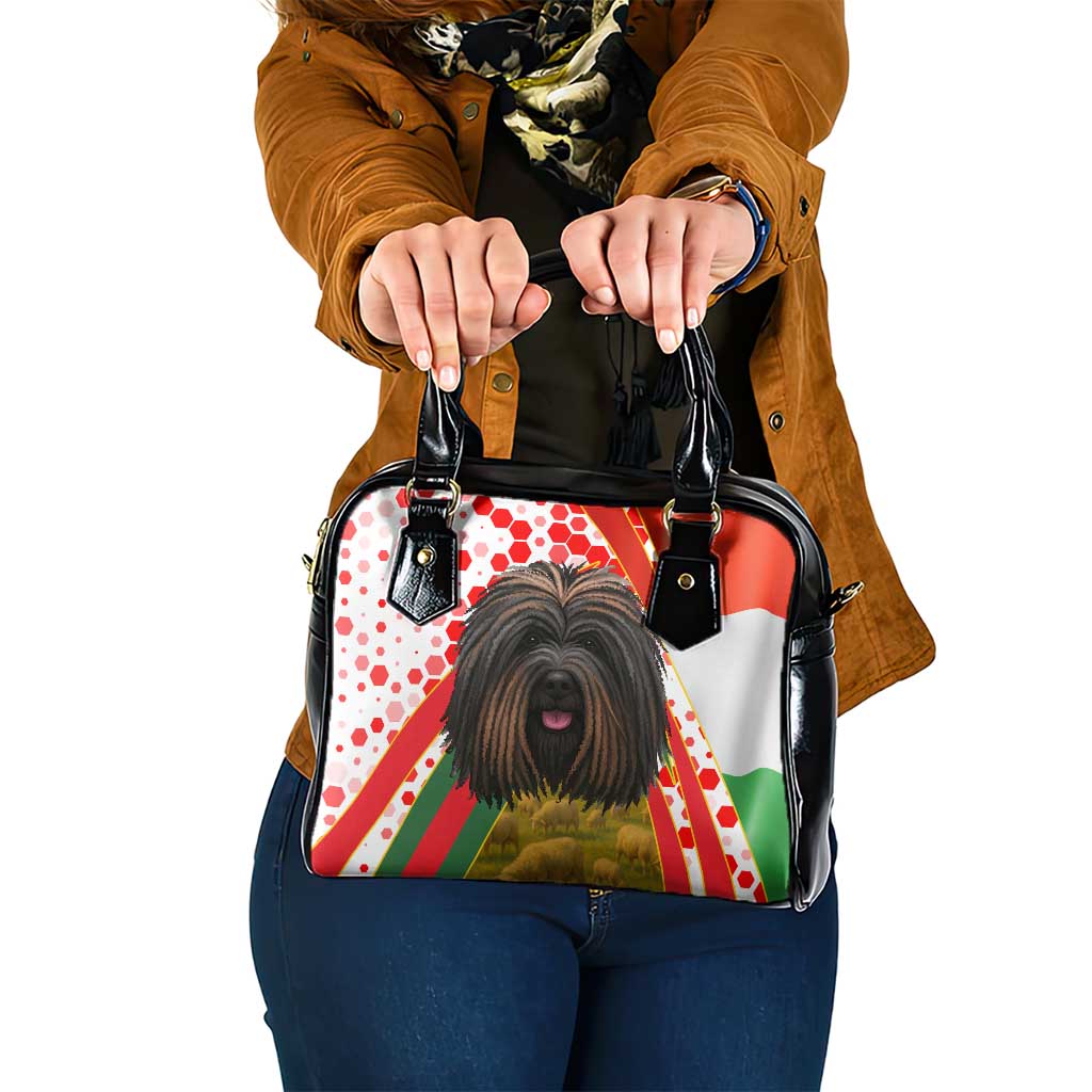 Hungary Shoulder Handbag with Puli Dog Illustration Design and Red Green Hexagon - Wonder Print Shop