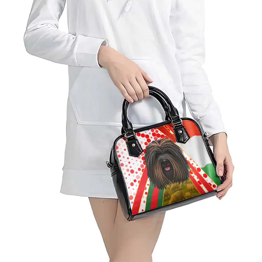 Hungary Shoulder Handbag with Puli Dog Illustration Design and Red Green Hexagon - Wonder Print Shop