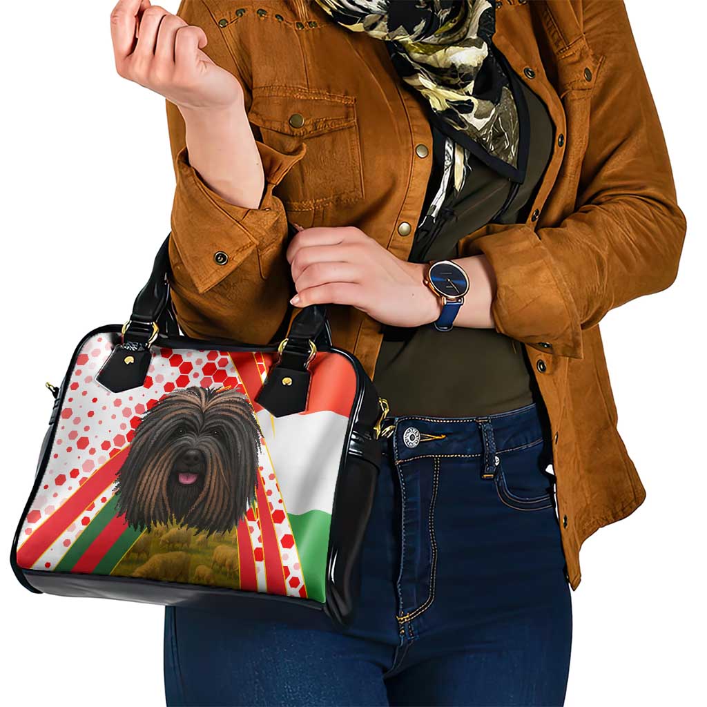 Hungary Shoulder Handbag with Puli Dog Illustration Design and Red Green Hexagon - Wonder Print Shop