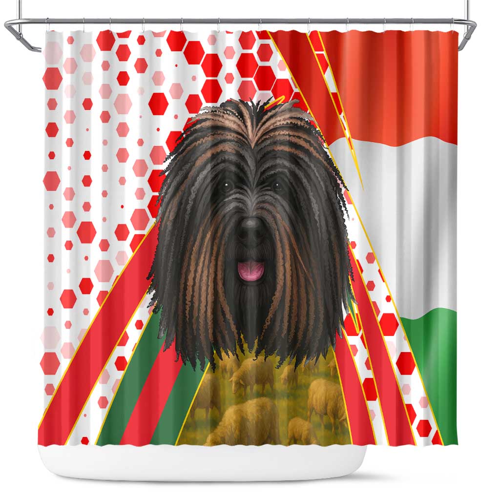 Hungary Shower Curtain with Puli Dog Illustration Design and Red Green Hexagon - Wonder Print Shop