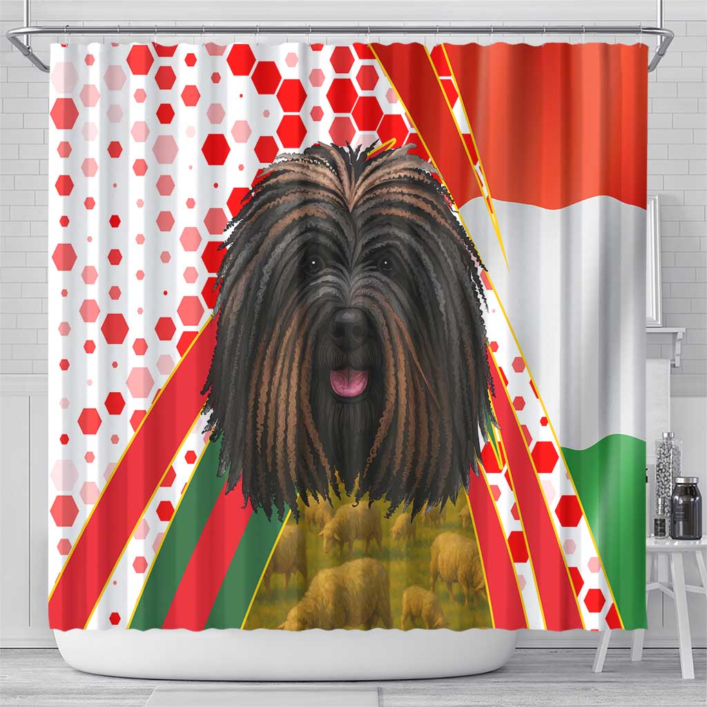 Hungary Shower Curtain with Puli Dog Illustration Design and Red Green Hexagon - Wonder Print Shop