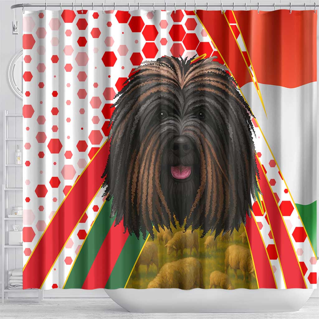 Hungary Shower Curtain with Puli Dog Illustration Design and Red Green Hexagon - Wonder Print Shop