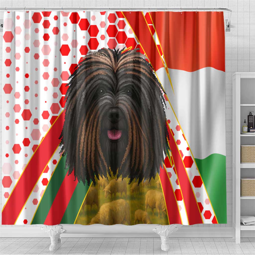 Hungary Shower Curtain with Puli Dog Illustration Design and Red Green Hexagon - Wonder Print Shop
